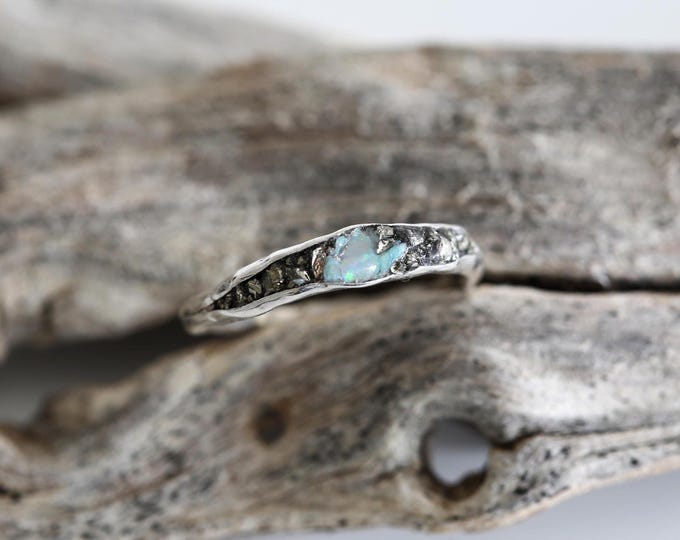 Opal Sterling Silver Ring with Raw Pyrite
