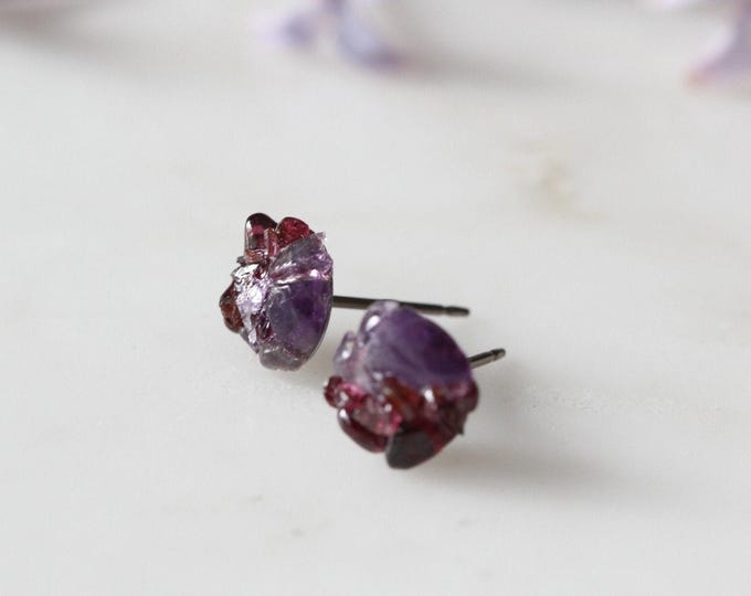 Raw Garnet and Amethyst Stud Earrings - Titanium Posts