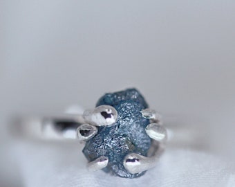 Blue Diamond Engagement Ring, Raw Diamond Ring, Natural Oraganic Blue Diamond Ring, Rough Diamond Ring