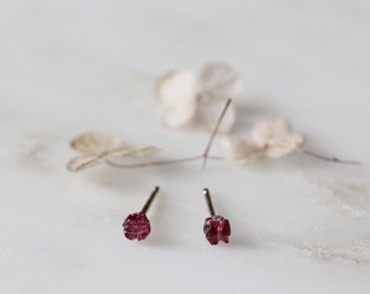 Raw Garnet Silver Stud Earrings, Tiny Sterling Silver Stud Earrings, Rough Garnet Studs, January Birthstone, Crystal Earrings for Friend