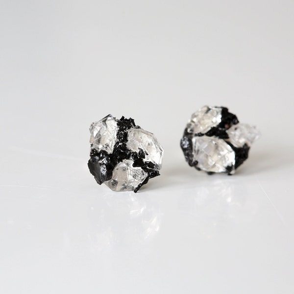 Raw Gemstone Earrings, Herkimer Diamond Black Tourmaline Stud Earrings, Raw Stone Jewelry