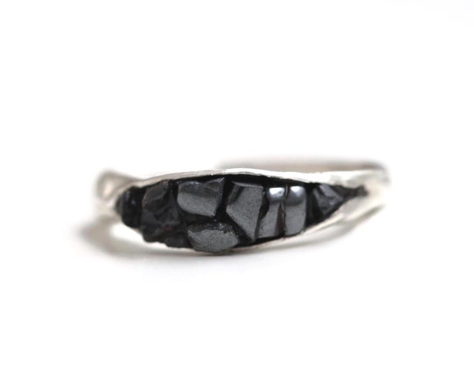 Hematite Stacking Sterling Silver Ring - Hammered Silver Band