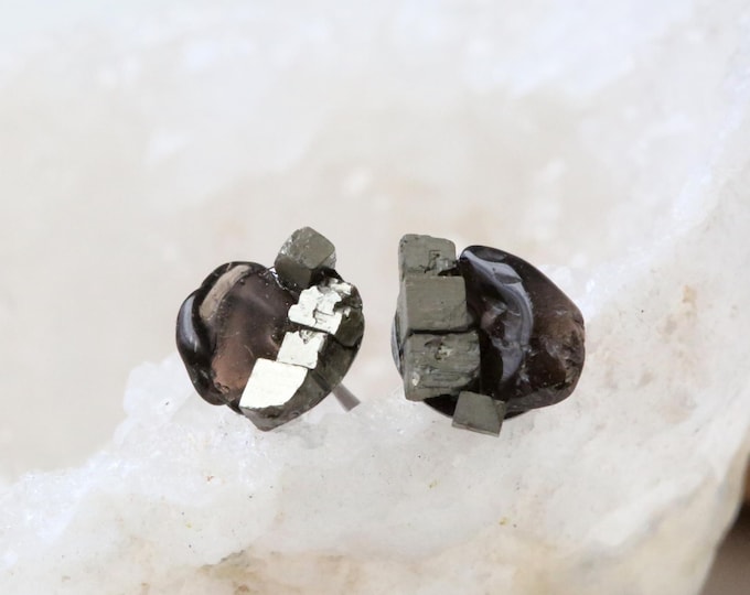 Smoky Quartz and Pyrite Earrings: Raw Gemstone Studs (Titanium Posts)