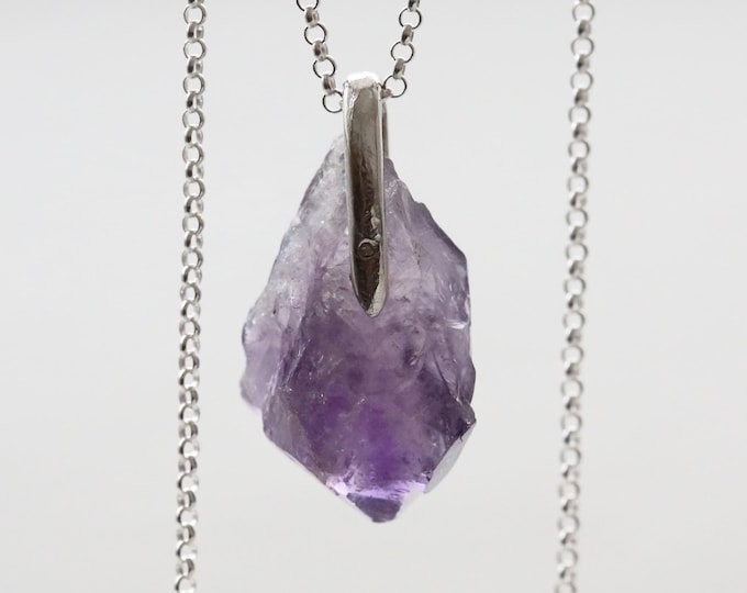 Amethyst Sterling Silver Pendant, Raw Amethyst Necklace
