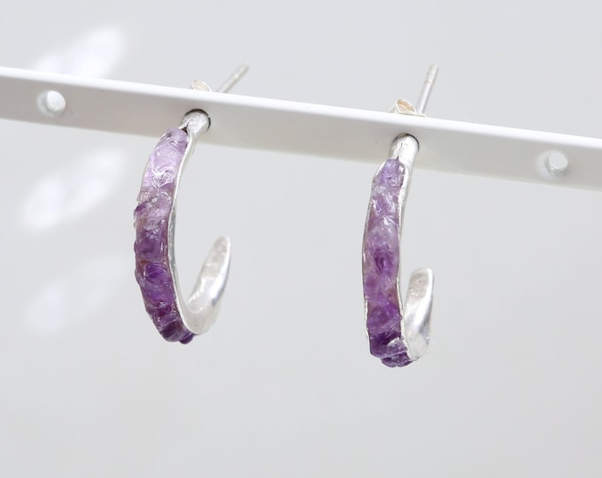 Raw Amethyst Hoops, Dainty Gemstone Hoops, Amethyst Hoop Earrings