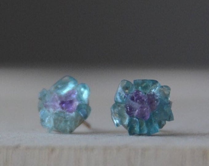 Gemstone Studs, Flower earrings, Apatite and Amethyst Studs, Raw Crystal Earrings, Delicate Earrings