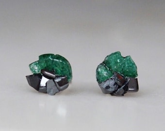 Dark Green Aventurine and Hematite Earrings, Hypoallergenic Stud Earrings, Dark Academia Earrings
