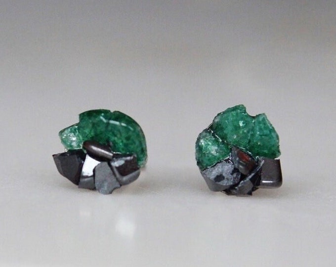 Dark Green Aventurine and Hematite Earrings, Hypoallergenic Stud Earrings, Dark Academia Earrings