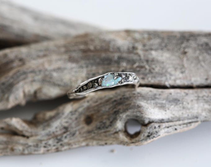 Opal Sterling Silver Ring with Raw Pyrite