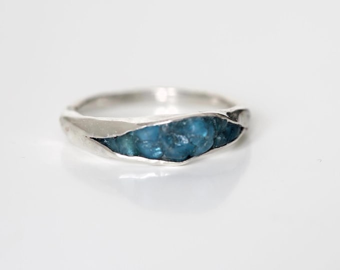 Raw Apatite Sterling Silver Ring: Hammered Band Stacking Ring