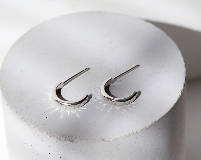 Dainty Textured Sterling Silver Hoop Earrings: Minimalist Half Hoops