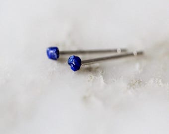 Lapis Lazuli Stud Earrings, Tiny Mini Sterling Silver Lapis Lazuli Studs, Raw Stone Stud Earrings