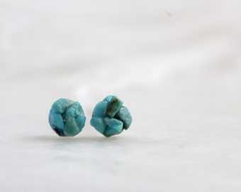 Raw Turquoise Silver Earrings, Tiny 4mm Turquoise Studs, Natural Turquoise Stack Earrings,