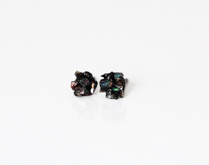 Raw Black Ethiopian Opal Stud Earrings: Tiny Titanium Posts