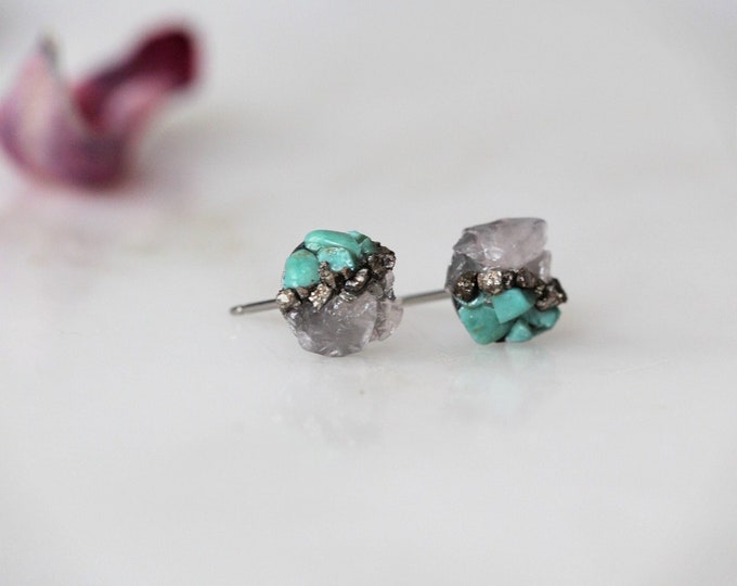 Mixed Gemstone Stud Earrings, Cluster Gemstone Earrings, Raw Stone Crystal Earrings, Healing Crystal Earrings