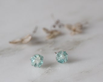 Apatite and Aquamarine Flower Dainty Studs, Sterling Silver Stud Earrings, Raw Rough Studs, Abstract Flower Earrings