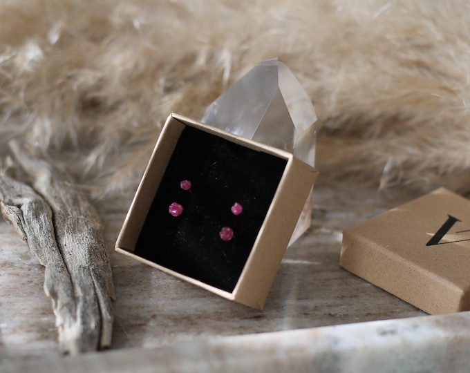 Raw Red Ruby Sterling Silver Stud Earring Set - Double Piercing