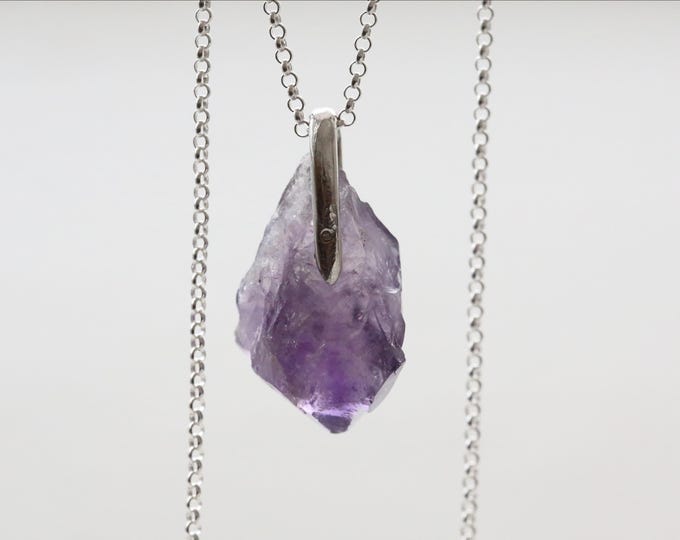Amethyst Sterling Silver Pendant, Raw Amethyst Necklace