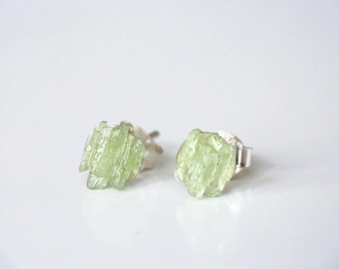 Raw Green Kyanite Stud Earrings - Minimalist Sterling Silver