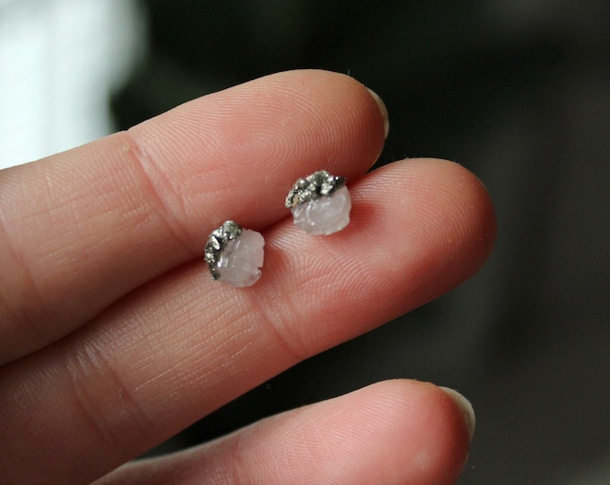 Rose Quartz Stud Earrings, Raw Rose Quartz Earrings, Raw Pyrite Stud Earrings, Raw Gemstone Earrings