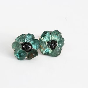 Emerald Stud Earrings, Raw Emerald and Raw Diamond Sterling Silver Earrings, Raw Stone Mosaic Earrings, Gemstone Flower Earrings