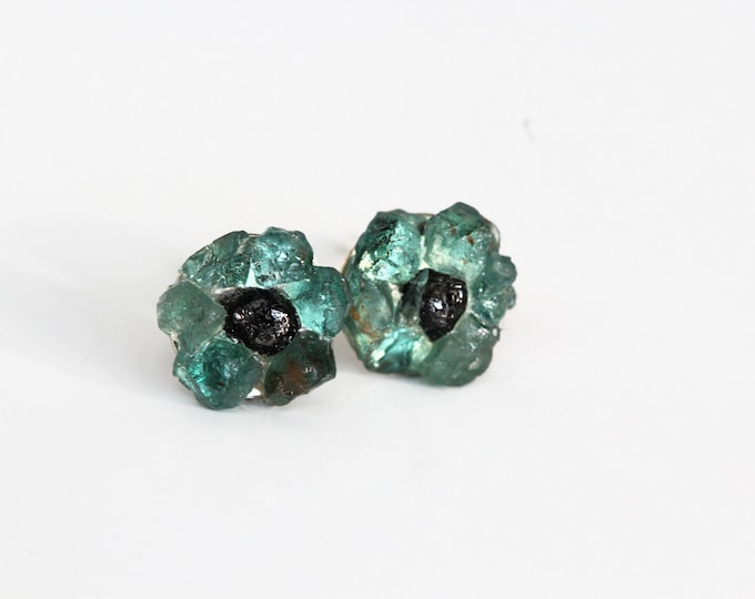 Emerald Stud Earrings, Raw Emerald and Raw Diamond Sterling Silver Earrings, Raw Stone Mosaic Earrings, Gemstone Flower Earrings