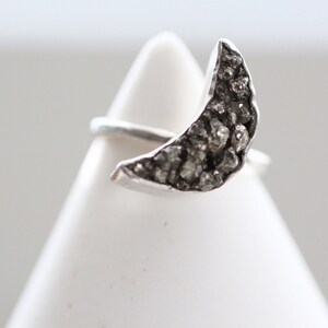 Crescent Moon Ring, Raw Pyrite Sterling Silver Ring, Celestial Moon Jewelry; Statement Moon Ring