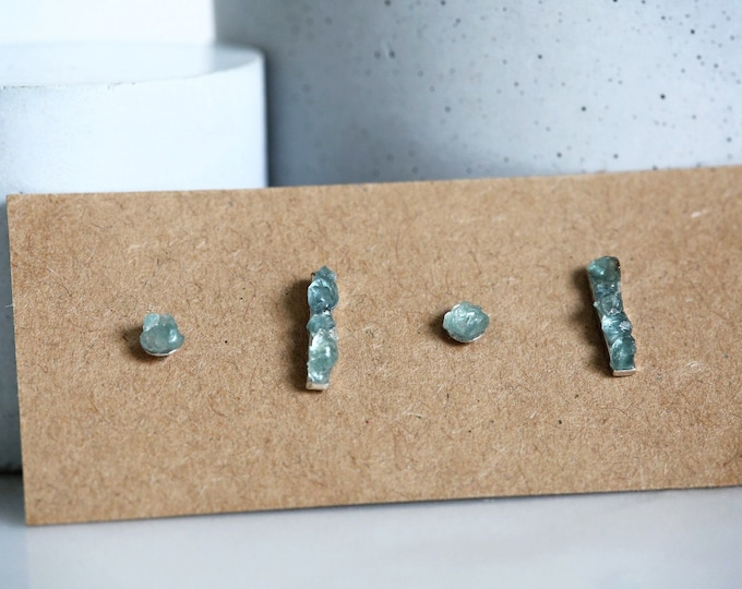 Indicolite Tourmaline Earrings, Blue Tourmaline Earrings, Silver Bar Stud Earrings, Raw Gemstone Earring Set, Sterling Silver Earring Set