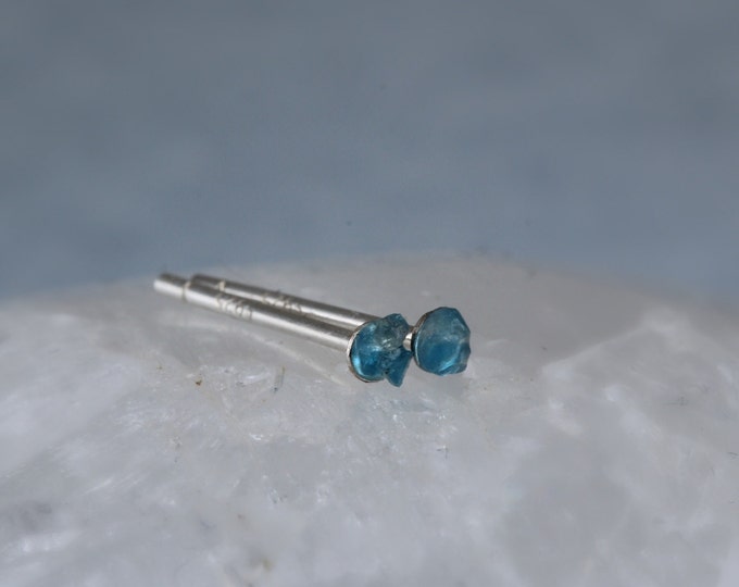 Blue Apatite Stud Earrings, Tiny Raw Stone Earrings, 2 mm stud earrings, Minimalist Jewelry