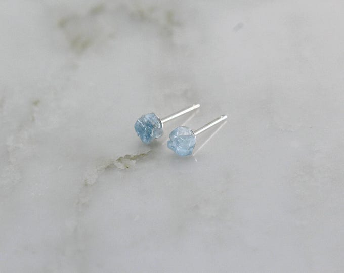 Raw Aquamarine Stud Earrings: 3mm Sterling Silver Posts