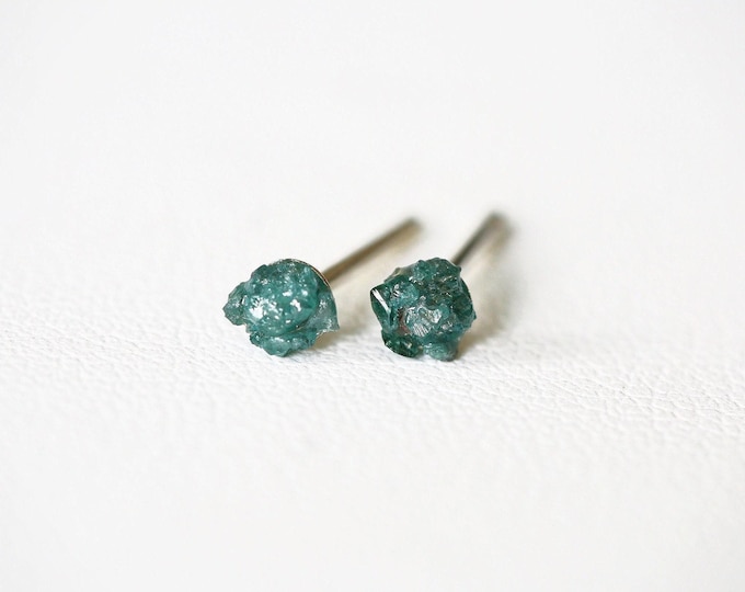Raw Teal Blue Diamond Stud Earrings: Sterling Silver Post