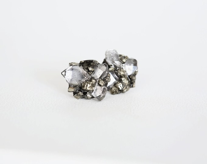 Herkimer Diamond Pyrite Stud Earrings: Raw Stone Titanium Posts