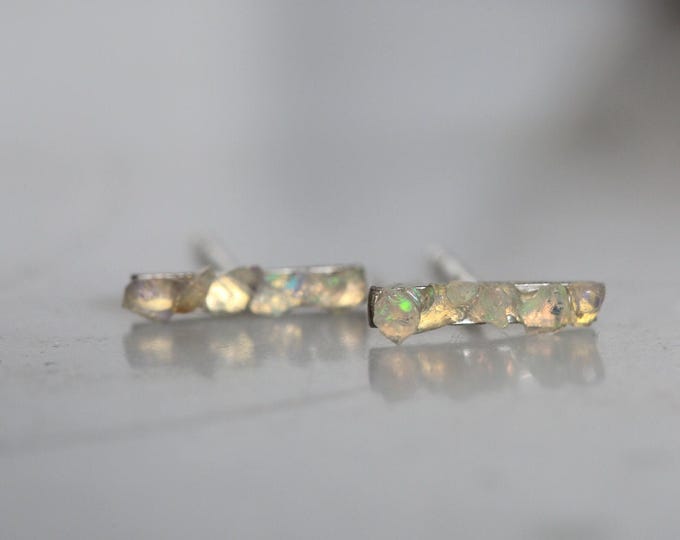 Raw Ethiopian Opal Stud Earrings: Sterling Silver Bar