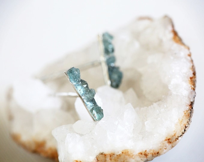 Indicolite Tourmaline Earrings, Teal Blue Tourmaline Earrings, Blue Tourmaline Earrings, Silver Bar Stud Earrings