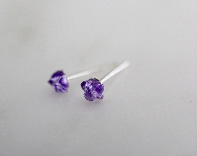 Tiny Raw Amethyst Stud Earrings: Sterling Silver Posts