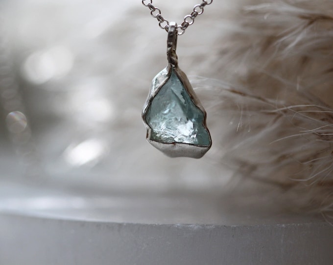 Raw Aquamarine Sterling Silver Pendant Necklace, Rough Aquamarine Necklace, Handmade Aquamarine Necklace