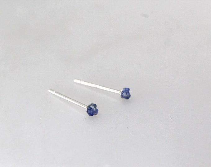 Tiny 2mm Sapphire Studs, Raw Sapphire Earrings, Blue Sapphire Sterling Silver Post Earrings, September Birthstone Earrings