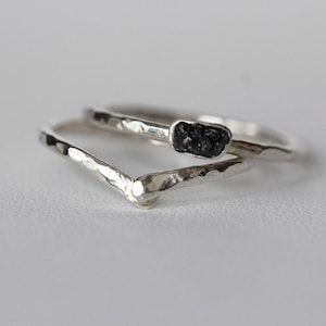 Raw Black Diamond Ring: Sterling Silver Hammered Band