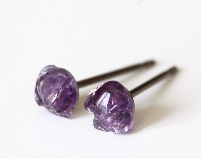 Raw Amethyst Stud Earrings: Titanium Post, February Birthstone