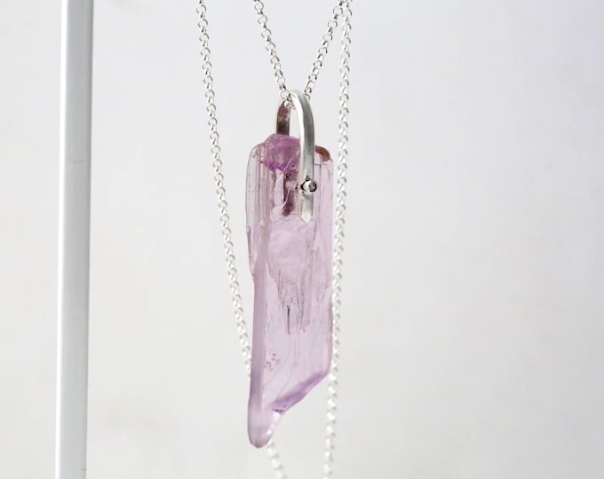 Kunzite Pendant Necklace; Raw Kunzite Talisman