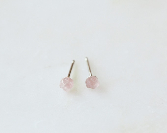Raw Rose Quartz Stud Earrings: Sterling Silver 3mm Gemstone
