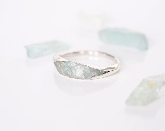 Aquamarine Ring: Raw Stone Stacking Band (Hammered Sterling Silver)