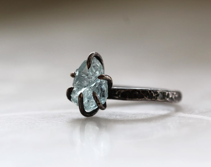 Raw Aquamarine Sterling Silver Ring: Rustic Alternative Engagement Ring