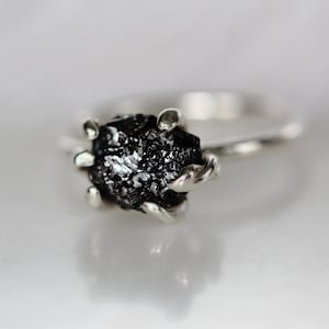 Black Diamond Silver Ring, Raw Diamond Engagement Ring, Natural Oraganic Black Diamond Ring, Rough Diamond Ring, Black Uncut Diamond Ring