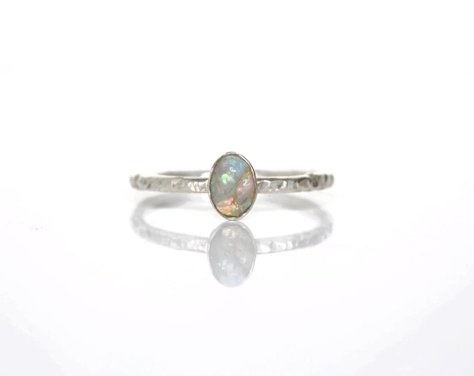 Dainty Australian Opal Ring: Raw Opal Sterling Silver Bezel