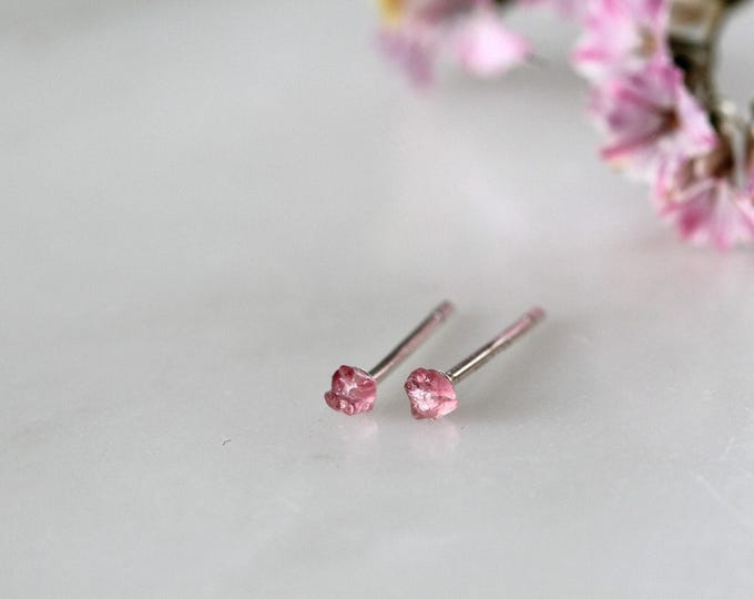 Tiny Raw Pink Tourmaline Sterling Silver Stud Earrings: October Birthstone