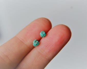 Raw Turquoise Earrings: Tiny Titanium Studs, Boho Style