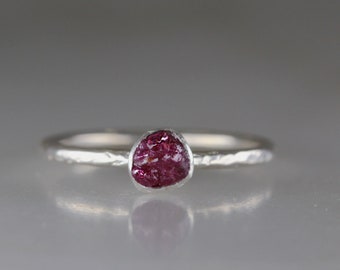 Raw Ruby Ring, Dainty Sterling Silver Ring, Red Rubyl Silver Stackable Ring, July Birthstone Jewelry