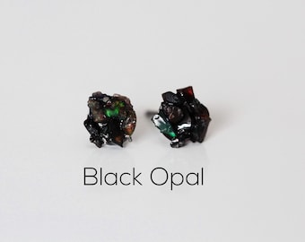 Black Opal Earrings, Ethiopian Black Opal Earrings, Raw Opal Stud Earrings, Welo Opal Stud Earrings