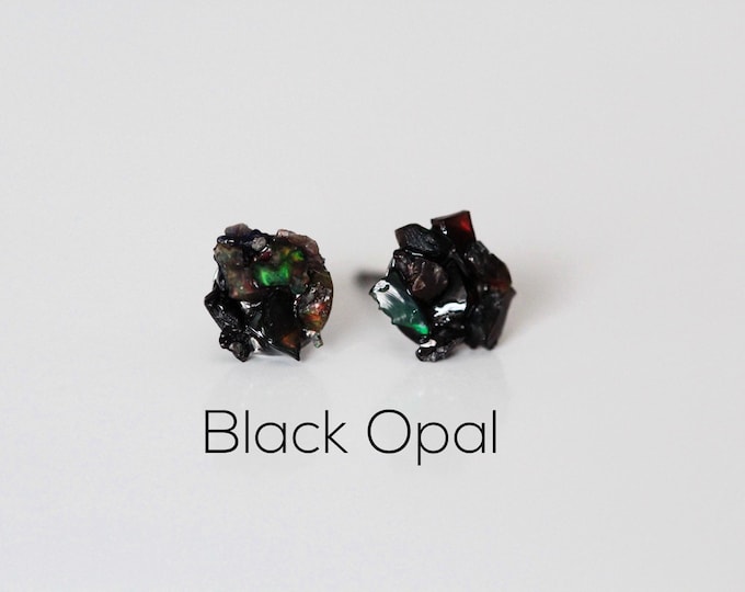Black Opal Earrings, Ethiopian Black Opal Earrings, Raw Opal Stud Earrings, Welo Opal Stud Earrings